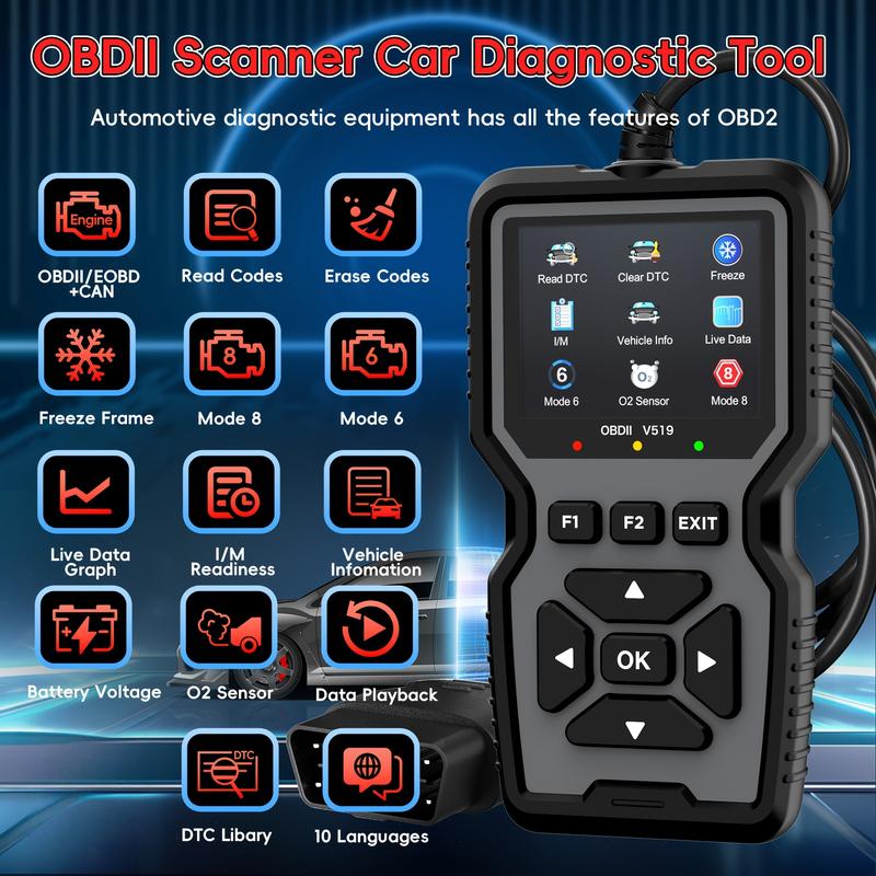 V519  OBD2 Car Scanner – Professional Engine Fault Code Reader with Comprehensive Diagnostic Functions, Reset Feature, I/M Readiness Support, 10 Language Modes, USB-Powered Design – Must-Have for Car Owners & Mechanics