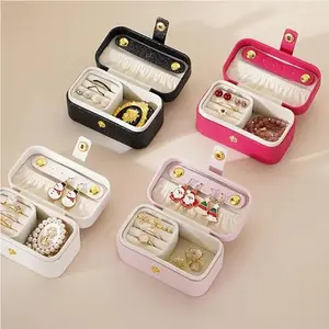 Portable Mini Jewelry Box Small Travel Storage Case for Rings Necklaces Earrings Lipstick with Removable Ring Slot PU Leather Divided Compartments Organiser