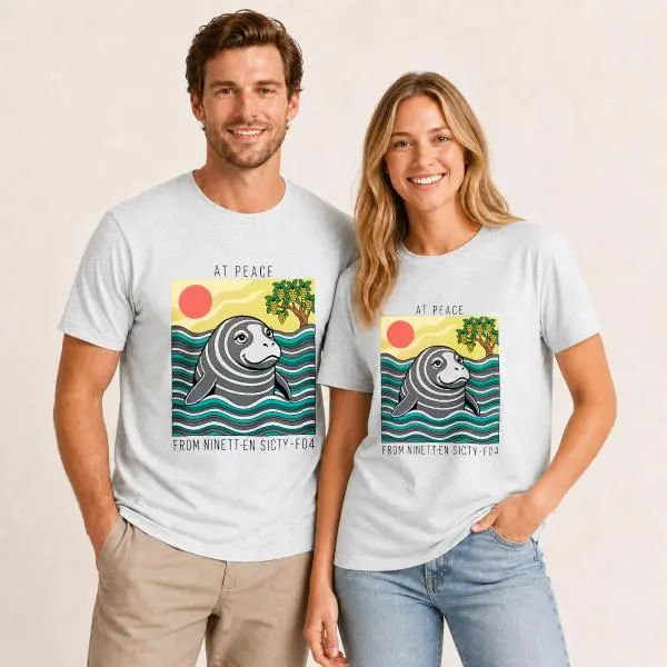 Carpesun, Vintage Retro Style, Short Sleeve T-Shirt, Peaceful Manatee Ocean Sunset Graphic Print, Soft Cotton Blend Fabric, Unisex Casual Daily Wear Summer Beach Outfit, Single Piece Pack Menswear Top