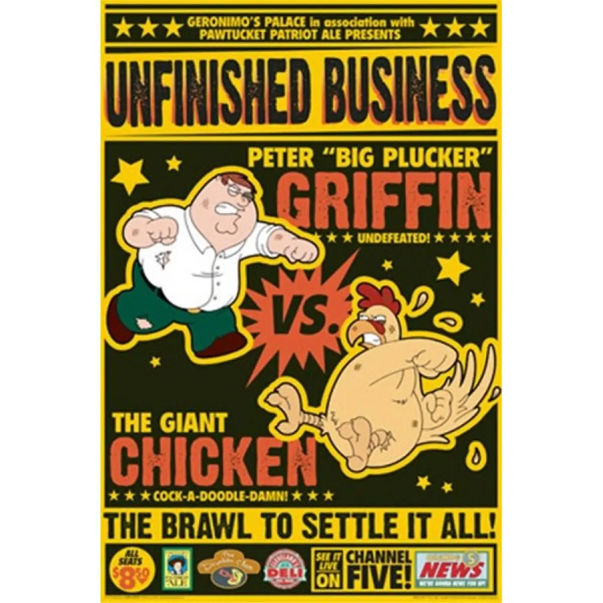 212 MAIN Peter Griffin Vs. The Giant Chicken Cartoonish Illustrations Poster, 24x36 in. Classic Print, Funny Decor for Man Cave, Home Wall Art, Gift-Worthy Home Supply for Special Occasion