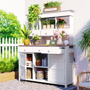 TOPMAx 65.7 in H Tall Garden Potting Bench Table with Hutch, Outdoor Patio Storage Workstation with 3 Shelves, 6 Drawers, 2 Bottom Cabinets & Side Hooks for Mudroom, Doorway (White)