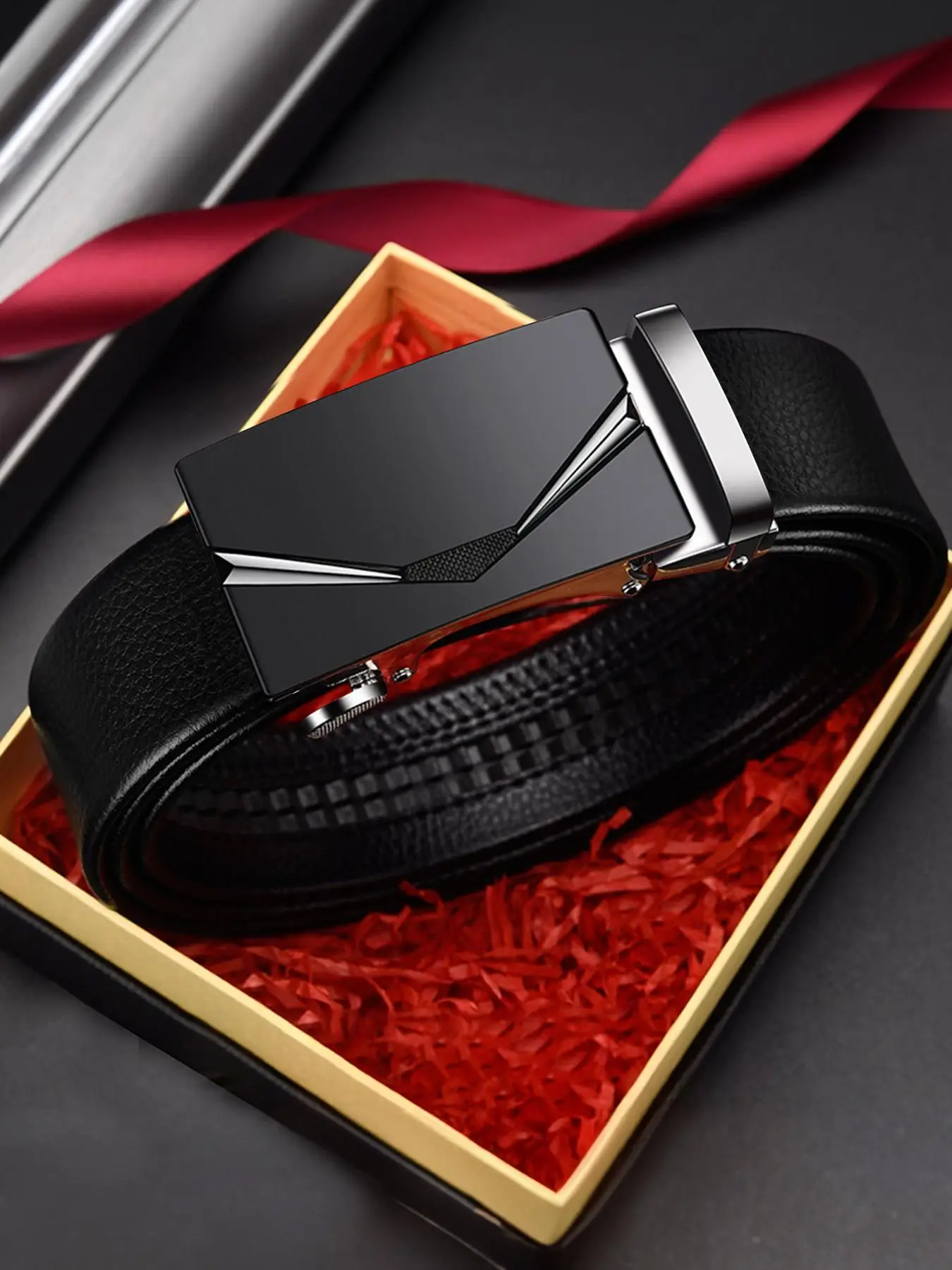 Men's Automatic Buckle Lychee Texture PU Leather Belt, Business Waistband For Jeans, Clothes Accessories Without Box