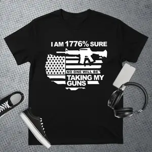 Mens Patriotic Second Amendment Graphic Tee I Am 1776 Percent Sure Rifle American Flag Print Short Sleeve Crewneck Streetwear Top