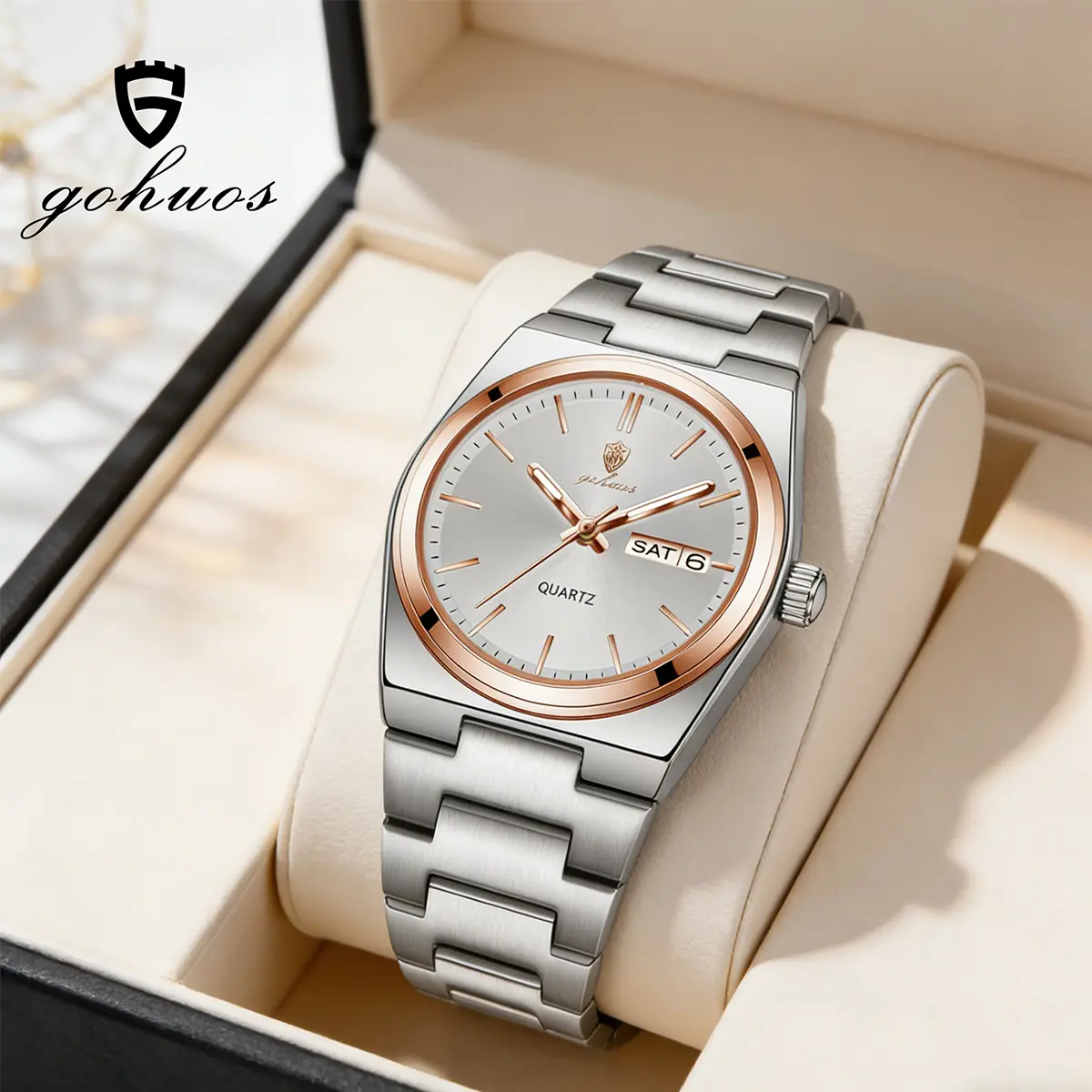 GOHUOS Women's Fashion Luxury Elegant Quartz Watch, 35m Waterproof, << 30M Luminous, Calendar (Date & Week), Stainless Steel Buckle, with Free Box and Bag