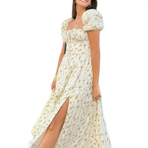 Women´s Summer Casual Flutter Short Sleeve Square Neck Floral Elastic Waist Dress Dresses for Women 2022