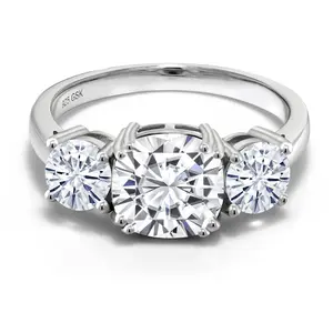 Gem Stone King 3.40 Cttw White Moissanite 3-Stone Engagement Ring For Women | 925 Sterling Silver | Cushion 8MM | Three Stone Wedding Engagement Anniversary Promise Ring For Women