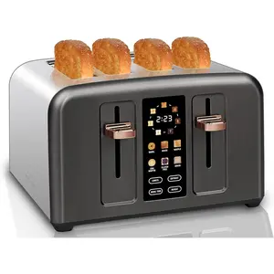 Toaster 4 Slice, Stainless Toaster & Touch Control, LCD Display, 6 Bread Type, 7 Shade Settings, 1.5'' Wide Slots, Cancel/Defrost/Reheat, Removable Crumb Tray, 1800W, Dark Metallic