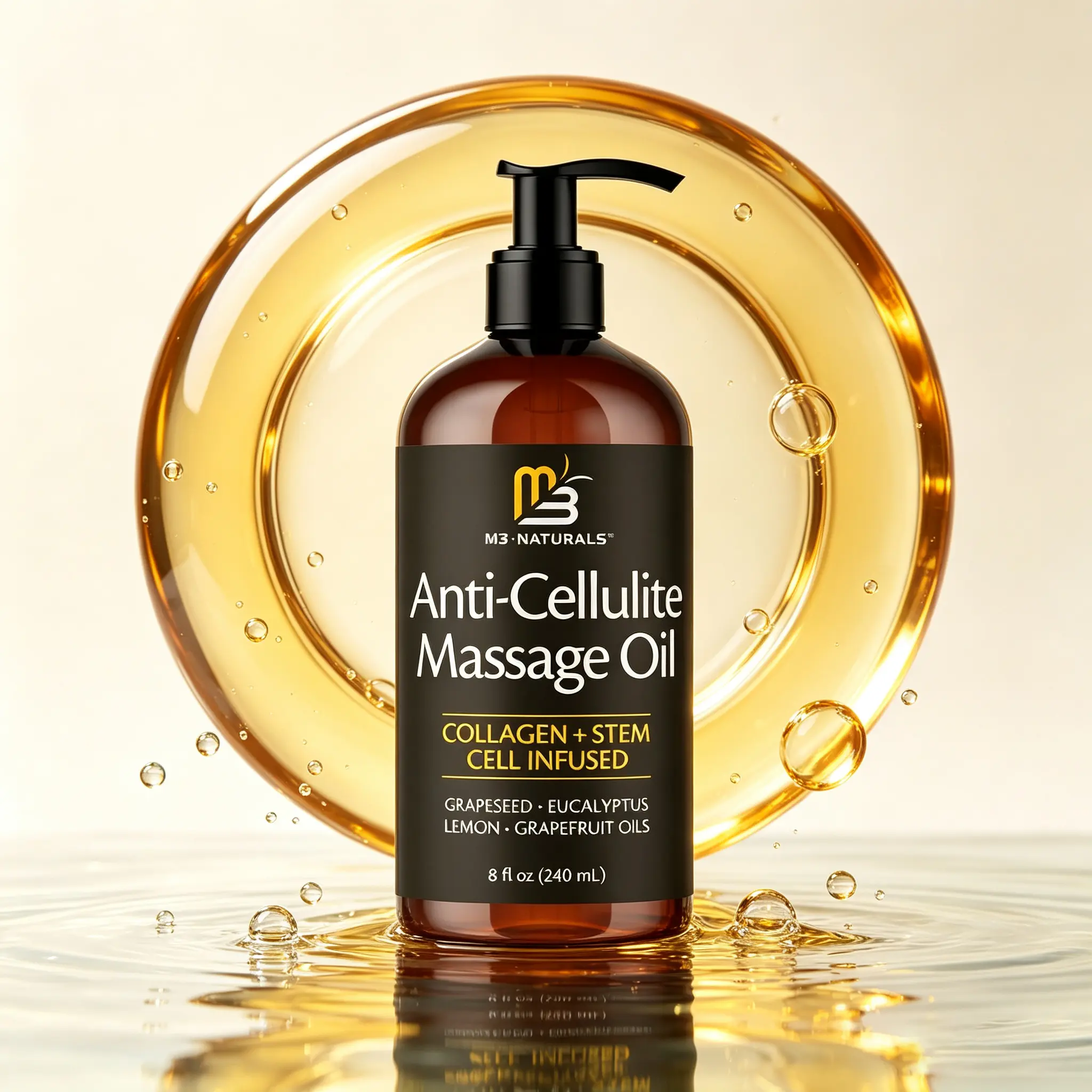 M3 Naturals Anti-Cellulite Firming Massage Oil 8oz – Collagen & Plant Stem Cell Body Oil for Smooth, Tight-Looking Skin | Hydrating, Soothing & Skin Texture Renewal