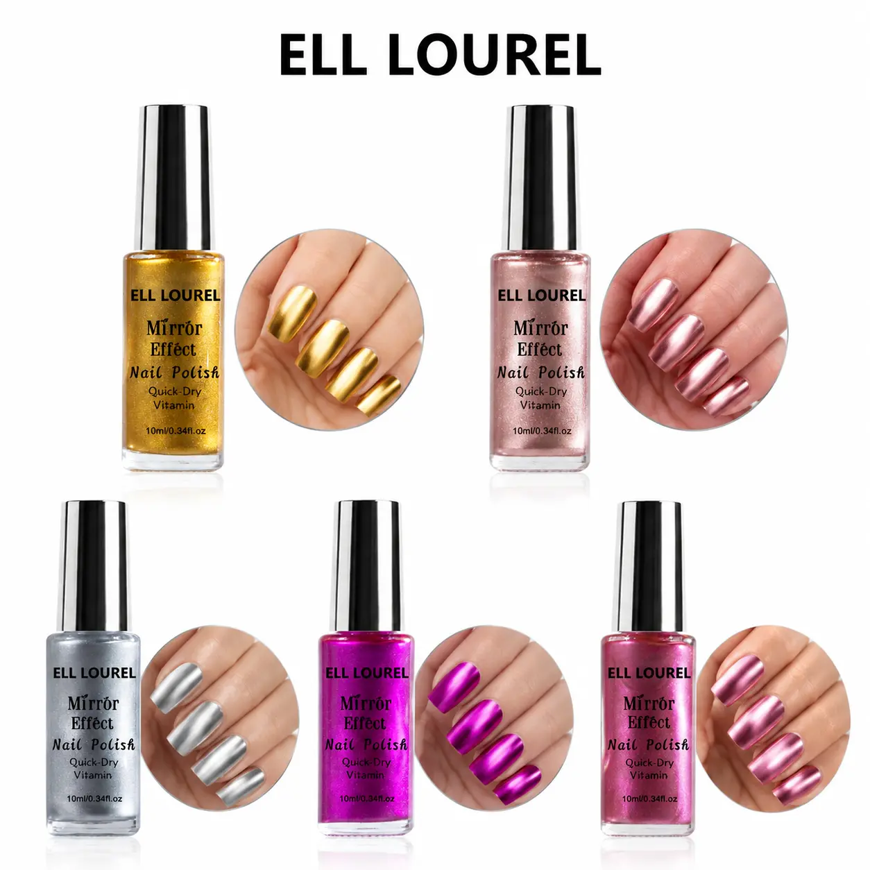 ELL LOUREL Mirror Effect Nail Polish, Quick Dry Metallic Mirror Finish Nail Lacquer, Shiny Chrome Nail Art Polish, 10ml Single Bottle, Multiple Metallic Color Options for Daily DIY Manicure Party Nail Decoration