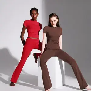 Women's casual suit minimalist fashion short sleeved top and foldable flared pants all season pajama set pajama plain pink home wear basic style dark black 2-piece set comfortable sports set autumn set Valentine's Day set SpotlightfindsRAIMENTRY