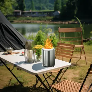 Tabletop Fire Pit with Stand, 9.44 x 7.08in Smokeless Fire Pits Outdoor Mini Firepit, Stainless Steel Wood Burning or Pellet Fueled Portable Fireplaces Low Smoke for Camping, Outdoor & Patio, Silver Decor