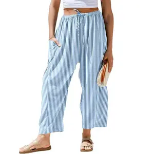 ZQ-Women's Wide-Leg Plaid Striped Casual Pants, Loose Drawstring Low-Waist Palazzo Pants, with Pockets