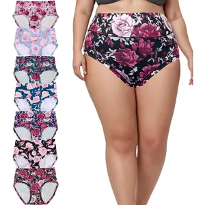 Womens Underwear Plus Size Panties XL-5XL 7 Pack Ladies Briefs Mid High Waist Floral Underwear Undies
