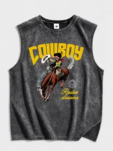 Men’s denim cowboy dream graphic print crew neck washed distressed cotton tank top, casual style, 2000s vibe; suitable for running, golf, fishing, basketball, camping, gym, swimming, and beach; a great gift for a boyfriend or brother.