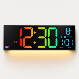 Large RGB Digital Wall Clock with Remote Control, 8 Color Modes, 10-Level Dimmable Night Light, Dual Alarms, Auto DST, Temperature, 12/24H Time, Week & Date Display, Countdown Timer for Bedroom, Living Room, Office, Classroom