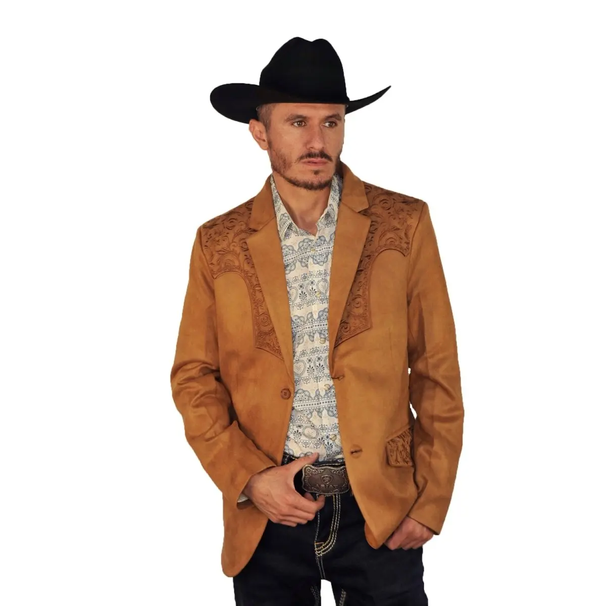 Saco Camel Vaquero de Gamuza con Bordado Western, Lam-516