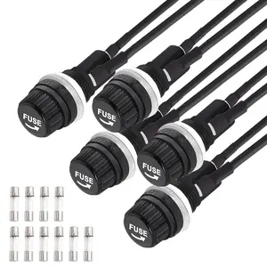 Tnisesm 5 Pcs Panel Mounted 5x20mm Screw Cap Fuse Holder with Pre-Soldered Wires AC 250V 10A/AC 125V 15A with 10 Pcs Glass Tube Fuse(10A+15A)