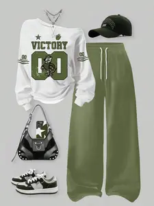 Women's Asymmetrical Neckline Loose Fit Sporty Long Sleeve Top & Wide Leg Pants Set, Geometric Casual Fall Winter Home Wear, Comfortable Daily