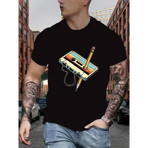 Men's 200g Black Soft Combed Cotton Short-Sleeve Tee - Boxy Cut, Round Neck, Digital Stamp, Graphic, Streetwear, Classic Tape Print, Breathable, Sweat-Wicking Casual Menswear Top for Tropical Wear (COD Available)