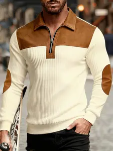 Men's Polo Half-Zip Collar Colorblock Long Sleeve Shirt, Polyester Fabric, Ideal for Autumn Winter Daily Wear