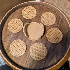 Wicker Drink Coasters Set of 6 with Holder Eco-Friendly Water Damage Protection for Coffee Tables Patios or Gift Sets