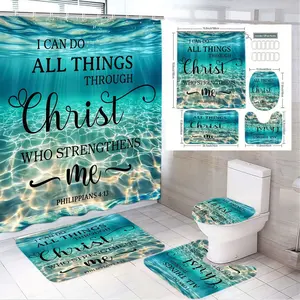 1/4pcs Turquoise Underwater Scene Shower Curtain Set with Philippians 4:13 Bible Verse, Toilet Seat Cover, Bath Mats, Bathroom Decoration Accessories - Christian Home Decor for Bathroom, Religious Easter Gift