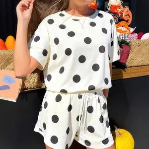 Women's 2 Piece Polka Dot Lounge Set |   Long Sleeve Crewneck Sweatshirt & Drawstring Shorts |   Loose Fit Casual Matching Outfits