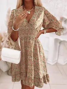 Floral V-Neck Puff Sleeve Mini Dress, Casual Wear, Smocked Waist, Sweet & Sexy Style