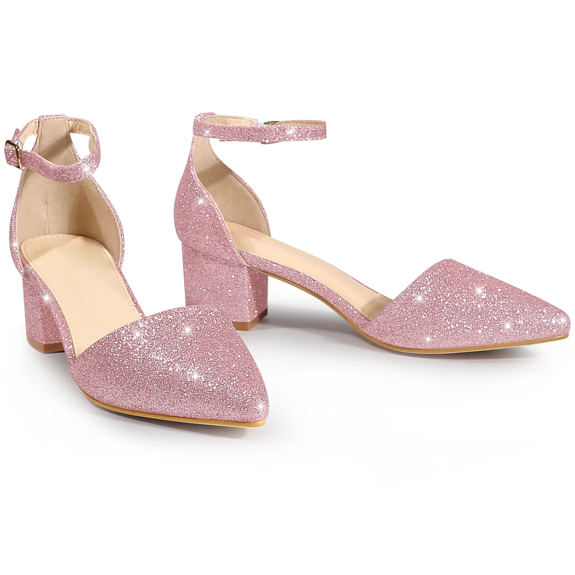 BLISSFUL STEP Glitter Pointed Toe Pumps Ankle Strap Buckle Chunky Block Heel Dress Pumps for Women