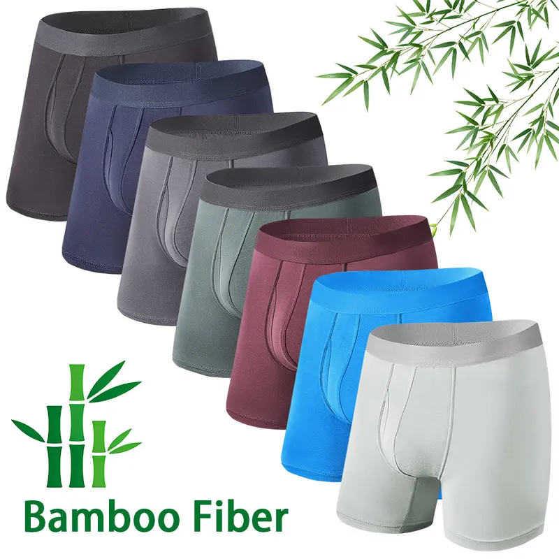 {Buy 7 Get 7 Free}Men's Solid Color Bamboo Fiber Boxer Briefs 7-Pack | Open-Crotch Mid-Rise Extended-Length Underwear, Breathable & Comfortable All-Season Daily Boxers