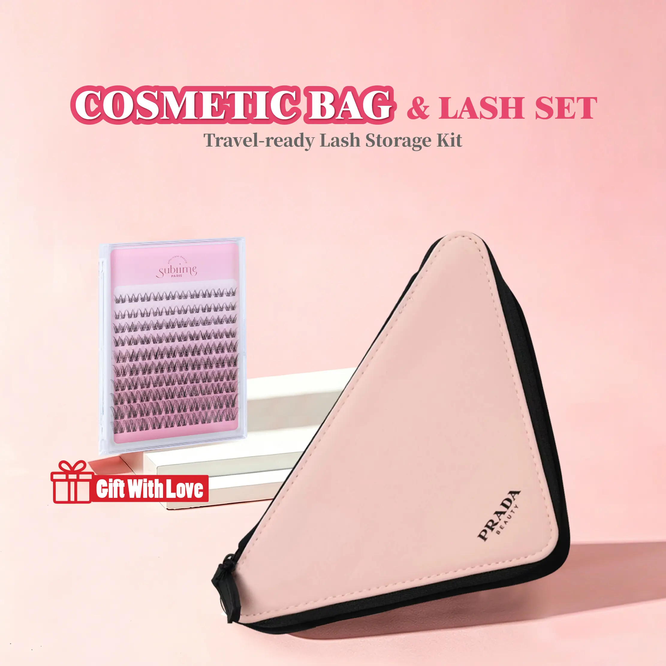 Prada Triangle Pink Toiletry Bag and Makeup Bag Comes with a free gift&Sublime Paris Natural DIY Clusters-C Curl Volume-100clusters for Eyelashes and Makeup Use