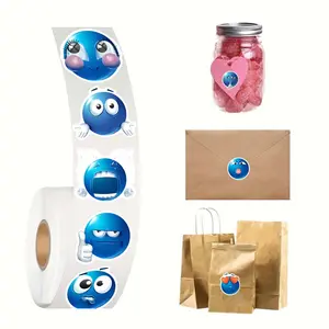 500 Sheets Blue Face Sticker Roll, 8 Unique Designs, Ideal for Daily Use, Gift Bag & Box Decoration, Fun Emoji Stickers, Self Adhesive Stickers