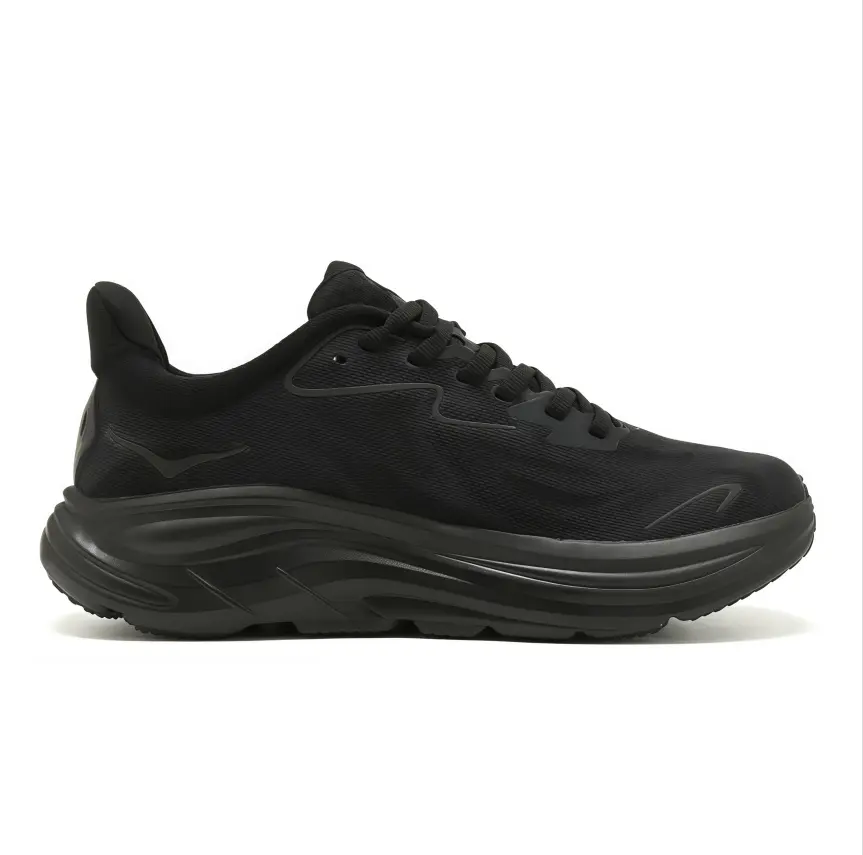 Full black breathable mesh running sneakers with sculpted wave thick cushion sole, lightweight knit fabric delivers long-lasting shock absorption for daily jogging & minimalist dark sport reels