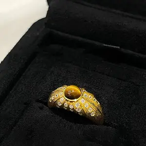 Italian Vintage Brushed Starburst Tiger Eye Ring Vintage 18K Gold Plated Open End Ring with Unique Textured Surface and French Retro Design Style