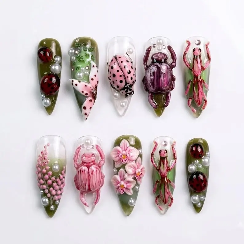 Whimsical Bug Garden Press On Nails Luxury 3D Ladybug Beetle And Mantis Enchanted Pink Green