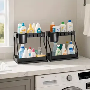 2 Layer R-Type Pull-Out Storage Rack, Plastic Cabinet Organizer, Space Saving Vertical Storage for Kitchen Bathroom Food Storage