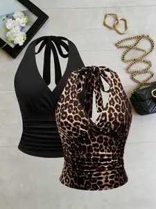 Plus Size Halter V-Neck Ruched Short Tank Top Set, Leopard Print & Solid Color Tie Back Cut Out Slim Fit Sexy Women's Blouse Womenswear