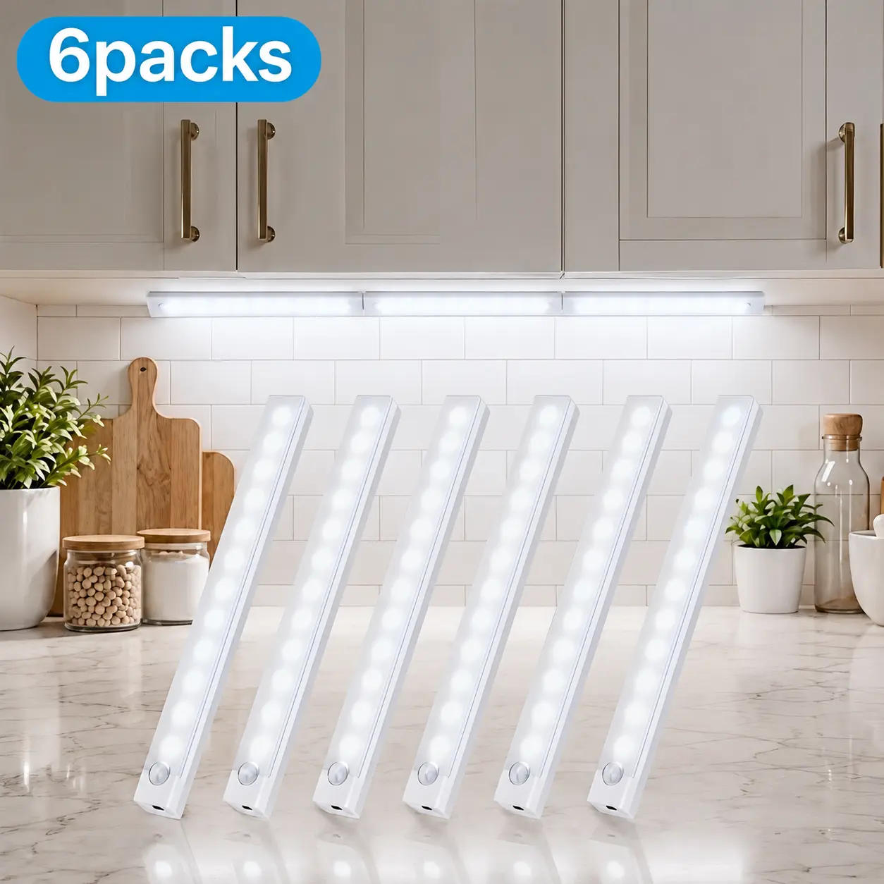 6-Piece LED Motion-Sensor Strip Lights - USB Rechargeable, Adjustable Indoor Handsfree Light, Wallmount Easy Room Gadget & Apartment Accessory, Ideal for Closet, Kitchen, Valentines Day Gift