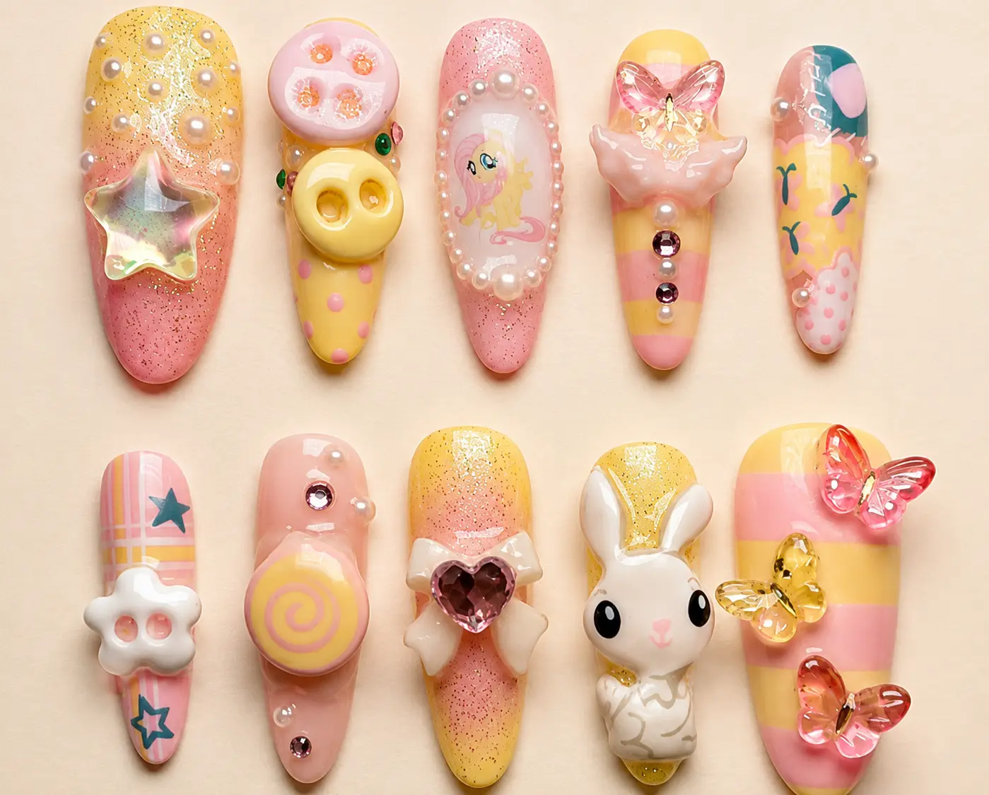 Fluttershy Inspired Press-On Nails – Cute 3D Pastel Nail Art, Bunny & Butterfly Charms, Sparkling Kawaii Design | Free Adhesive Tabs, Nail File, Cuticle Stick| FREE Adhesive Tabs  Nail File Cuticle Stick