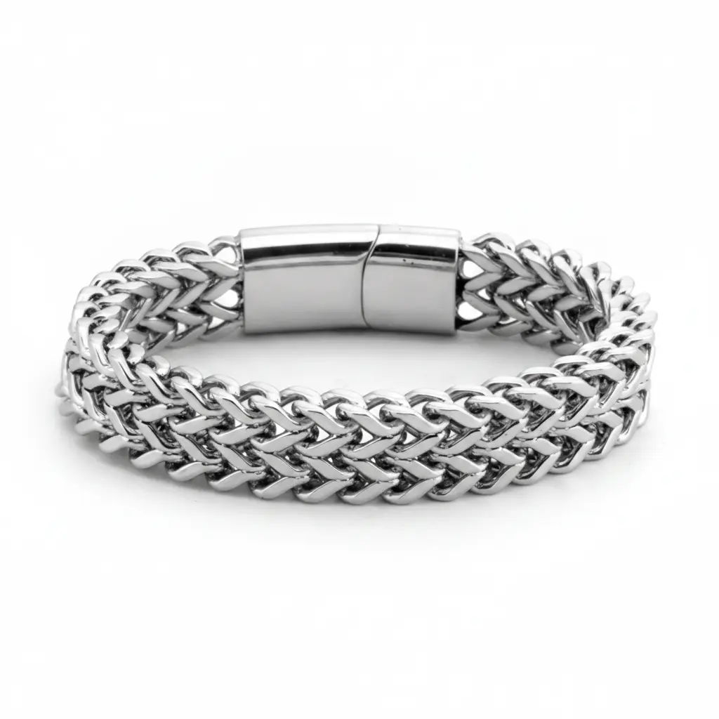 Unisex Silver-Tone Steel Double Wheat Chain Bracelet - Braided Spiga-Style Wide Braided Links, Metallic Shine Urban Look Everyday Wear Fashion Jewelry, Unisex Fit