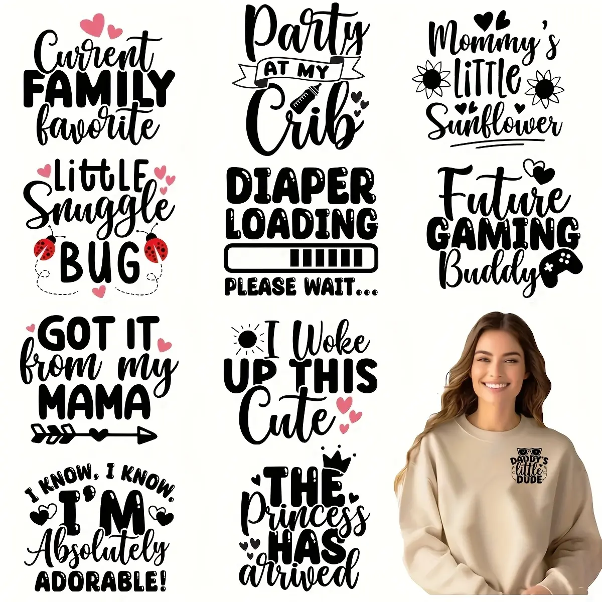 12 Piece Love Quotes DIY Heat Transfer Stickers, Washable DTF Decals, DIY Crafts Supplies for T-Shirts, Masks, Jeans, Backpacks, Perfect for Personalization, Custom