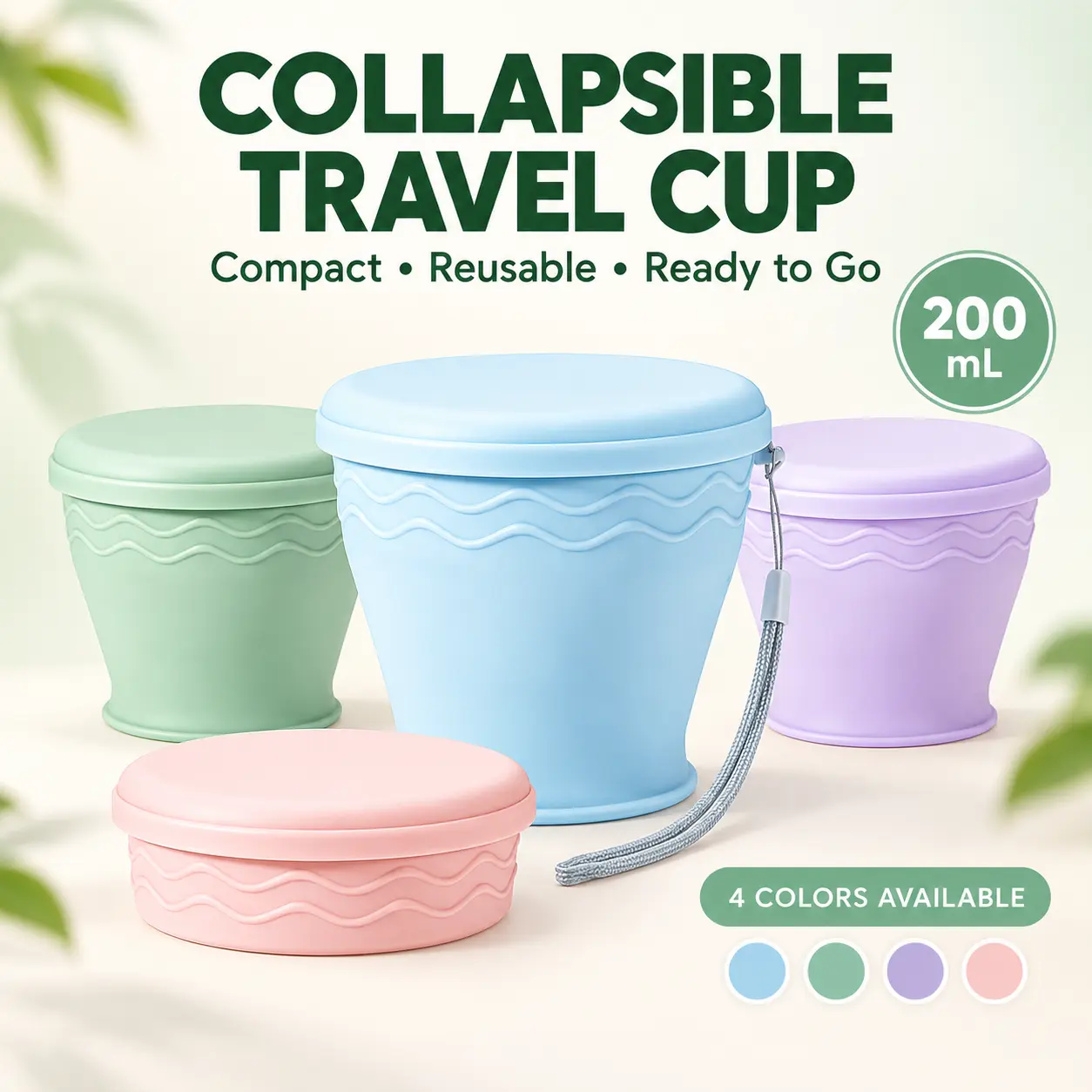 200ml Collapsible Silicone Travel Cup with Lid & Carry Strap, Compact Reusable Folding Cup for Camping, Hiking, Travel and Daily Rinsing, 6.8 fl oz