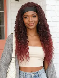Burgundy Headband Wigs Deep Wave 20 Inch, No Lace Front, Curly Hair, Glueless, Machine Made, Deep Wave for Women