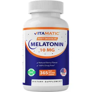 Vitamatic Melatonin 10mg Tablets | Vegetarian, Non-GMO, Gluten Free | 1 Year Supply | Natural Berry Flavor - 365 Tablets Healthcare Supplement