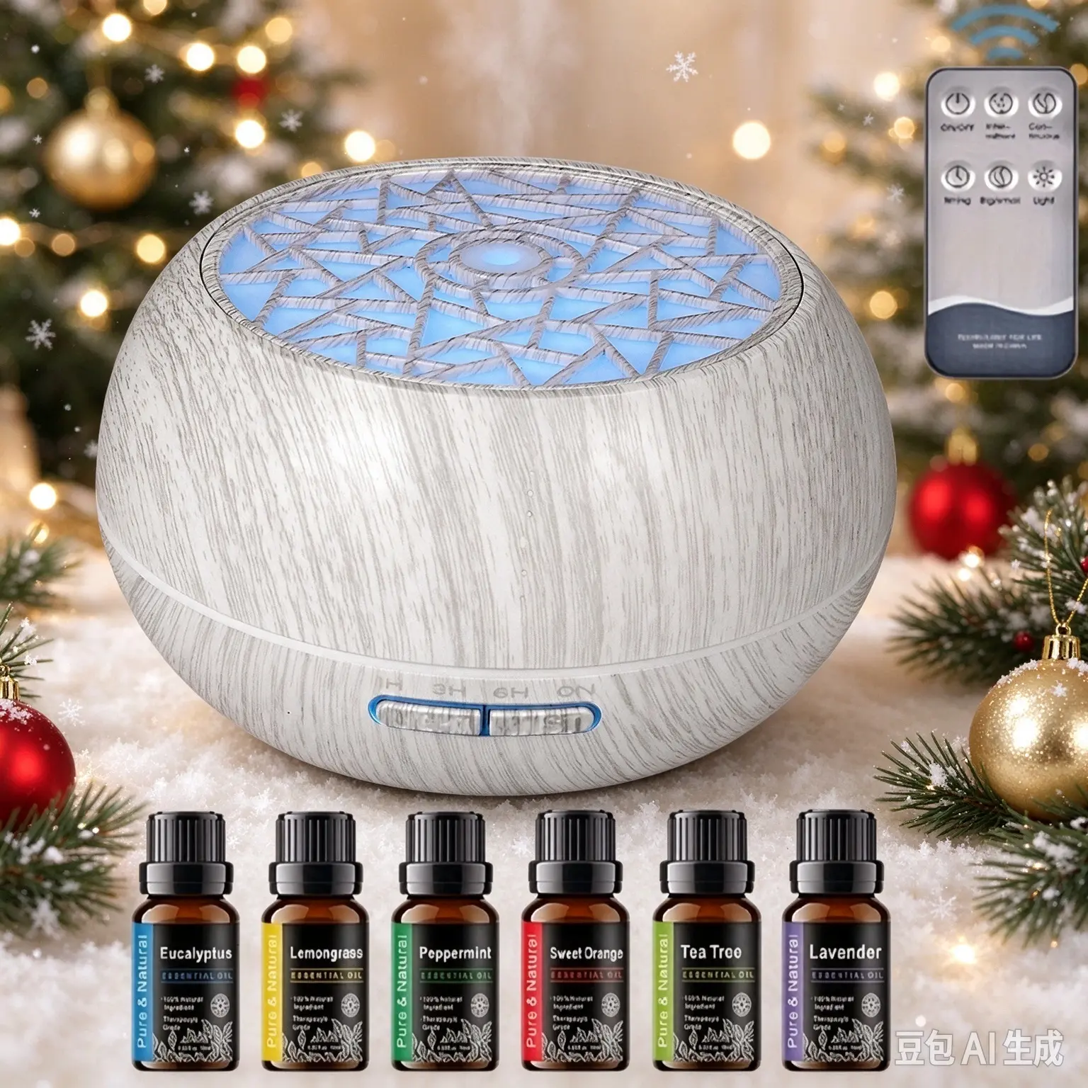 550ml Ultra-Quiet Wooden Texture Aroma Diffuser Humidifier for Home, 7-Color LED Night Light, Remote Control, 6 Essential Oils Included, Diffuser For Home