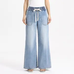 Women’s Light Wash Pull-On Wide Leg Jeans, Elastic Drawstring Waist, Comfortable Casual Lounge Denim