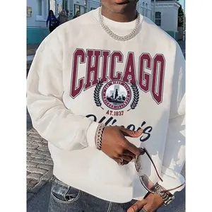 Men’s off-shoulder sweatshirt with letter print, soft and comfortable long-sleeve crewneck pullover for autumn and winter casual wear, men’s everyday clothing, casual street fashion style GARMENTARY