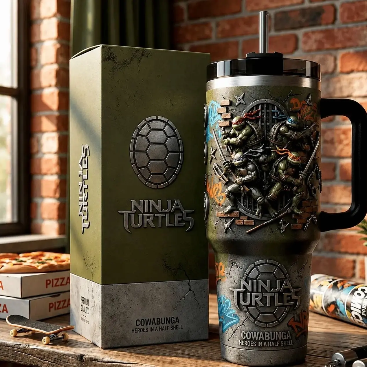 Teenage Mutant Ninja Turtles TMNT 40oz Tumbler With Handle, Premium Vacuum Insulated Stainless Steel Travel Mug, Cowabunga Heroes in a Half Shell Collector Gift