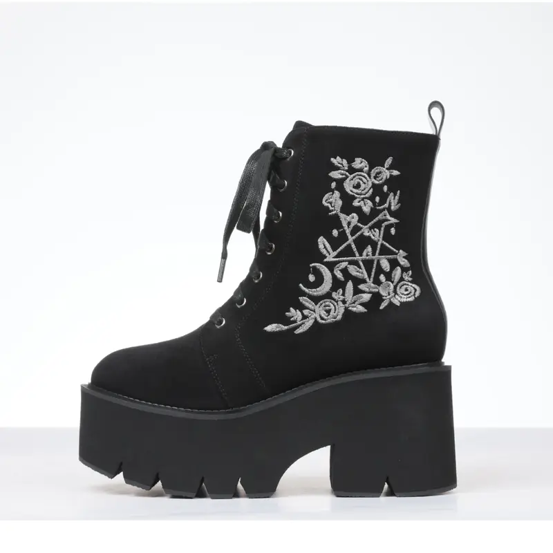 Women's Platform Embroider Lace-up Combat Boots Fashion Black Leather Gothic Ankle Boots Round Toe Side Zipper Chunky Block Heel Medium High Boots