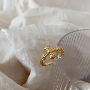 Gold plated matte vintage style cross opened adjustable ring